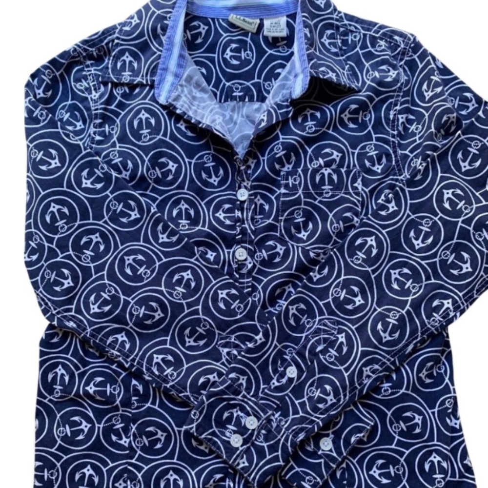 L.L. BEAN Nautical Anchor Print Button Down Shirt Woman's Size M